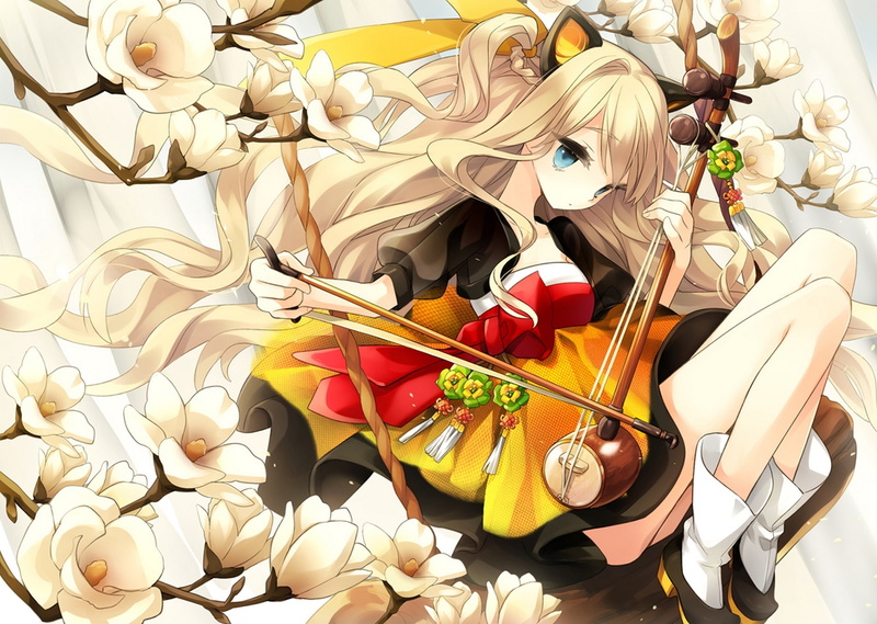 1080P, Instrument, Blonde, Anime, Long Hair, Animal Ears, Vocaloid, SeeU (Vocaloid), Girl, Aqua Eyes