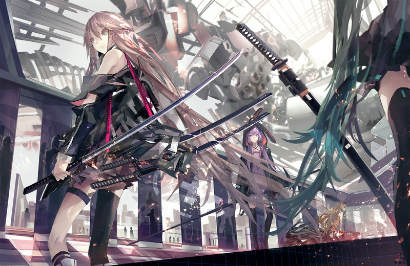 hair, sword, hatsune, katana, vocaloid, miku, weapon, yukari, kiwamu, seeu, yuzuki, 1080P, thighhighs, long