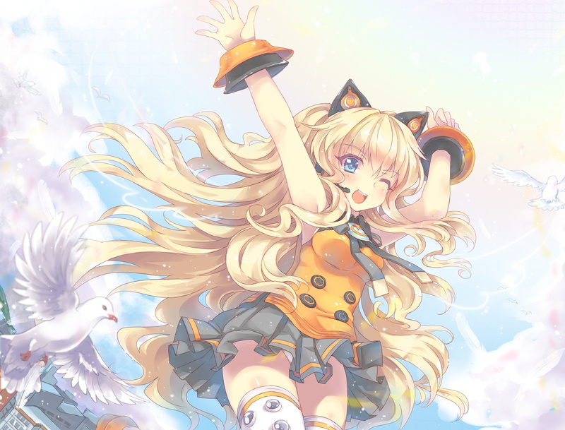 2K, Girl, Smile, Skirt, Long Hair, Vocaloid, SeeU (Vocaloid), Bird, Blue Eyes, Blonde, Anime