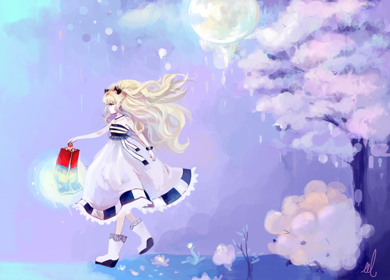 blonde, long, arisita, 4K, ears, animal, vocaloid, moon, hair, dress, boots, seeu, tree