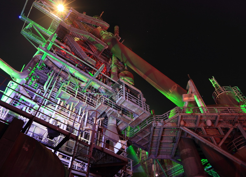 neon, evening, glowing, landschaftpark, sky, steel, industrial, illuminated, construction industry, industrial building, fuel and power generation, illumination
