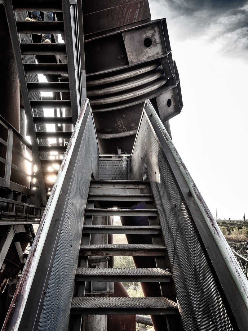 long, building exterior, the way forward, city, industry, sunlight, industrial plant, landscape park duisburg, blast furnace, sky, steps and staircases