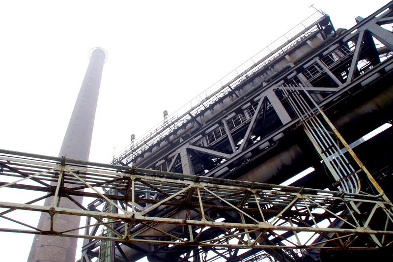 low angle view, day, nature, steel, architecture, blast furnace, metal, tall - high, Chimney, building exterior, industrial building, clear sky, factory
