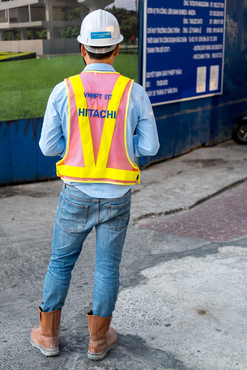 sign, occupation, rear view, real people, asphalt, workman, person, wooden, tarmac, communication, helmet, vietnam, 5K, saigon, hardhat, near, apparel
