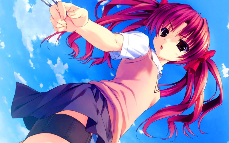 long, redheads, Clouds, sky, eyes, Needles, hd, aru, art, hair, kagaku, school, 1080P, weapons, skirts, uniforms, schoolgirls, red, nature