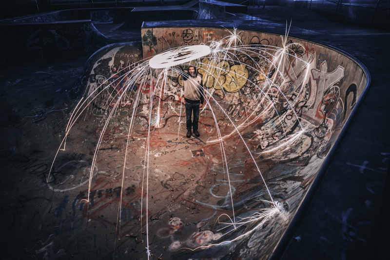wool, steel, dark, sparks, fishing industry, industry, graffiti, skateboard, day, standing, occupation, nature, sparkle, man, mode of transportation, fire
