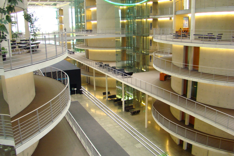 shopping mall, building, high angle view, illuminated, modern, staircase, glass - material, conveyor belt, convenience, no people, parking garage, absence