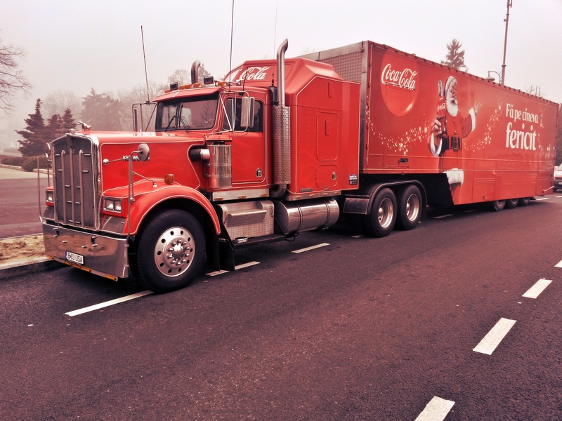 truck, coca cola, street, transportation, road, hauling, city, fire engine, christmas, communication, outdoors, sign, day, uSA, rescue, land Vehicle, motor vehicle