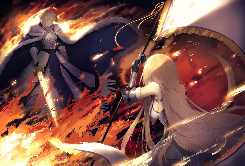 Long Hair, Sword, Woman Warrior, 5K, Blue Eyes, Fate Series, Artoria Pendragon, Jeanne dArc (Fate Series), Fleur-De-Lis, Banner, Blonde, Fire, Fate/Grand Order