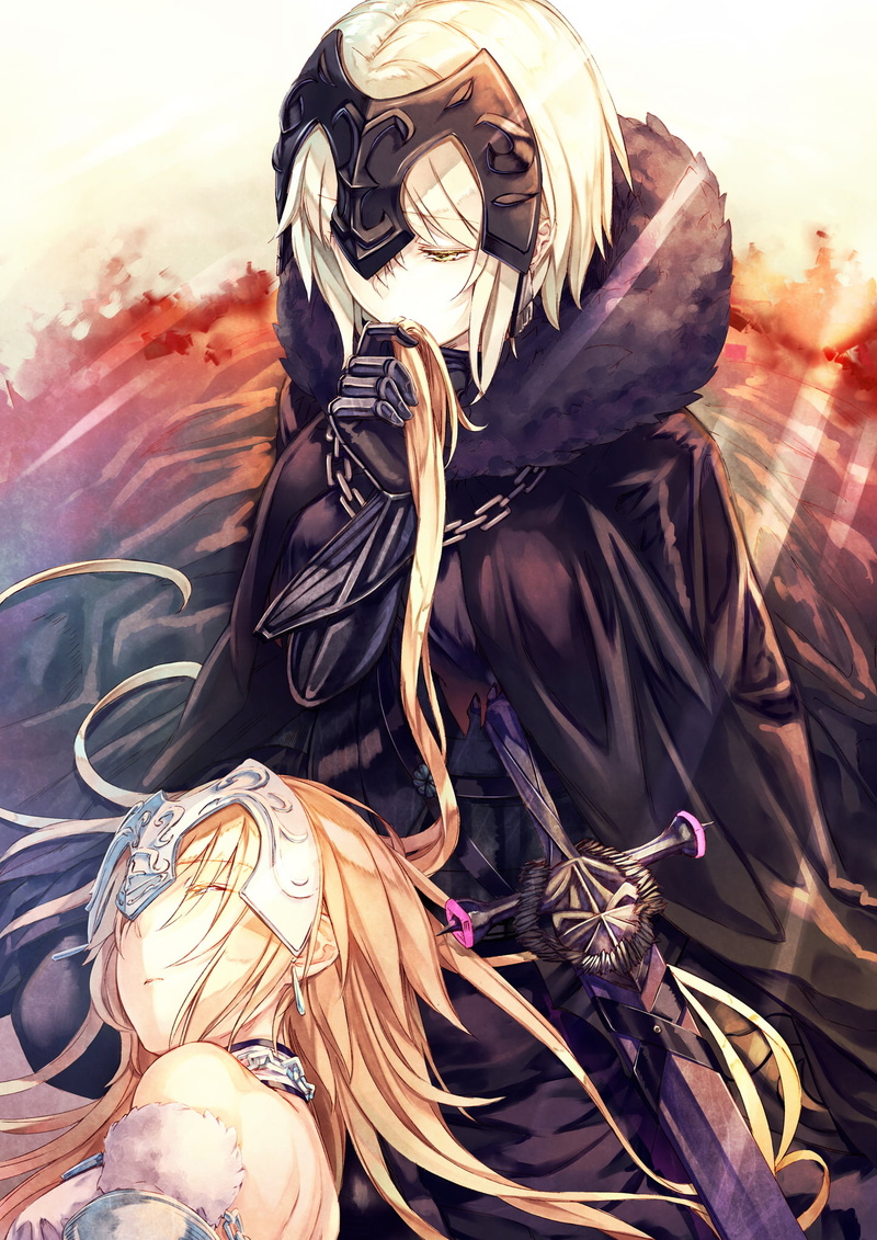 Fate/Apocrypha, anime girls, Fate/Grand Order, yellow eyes, 2D, blond hair, Jeanne (Alter) (Fate/Grand Order), FGO, fantasy weapon, fan art, grey hair