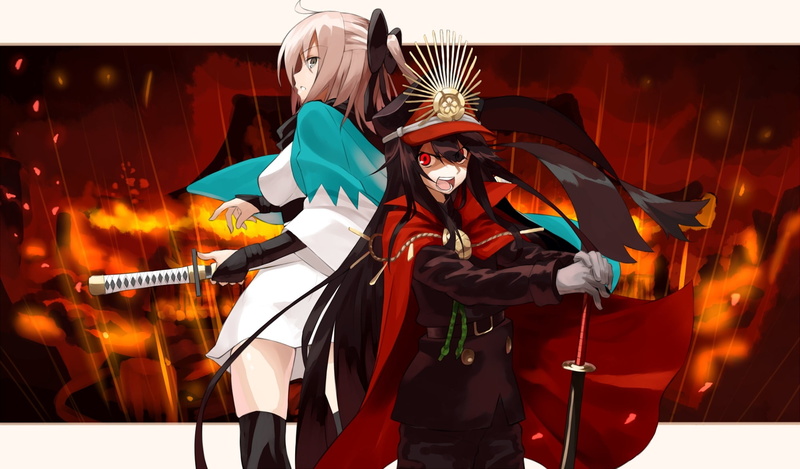 1080P, long, gloves, shunichi, petals, konachan, 238783, black, 2girls, com, saber, cape, red, thighhighs, (series), fate, sword, short, hair, sakura