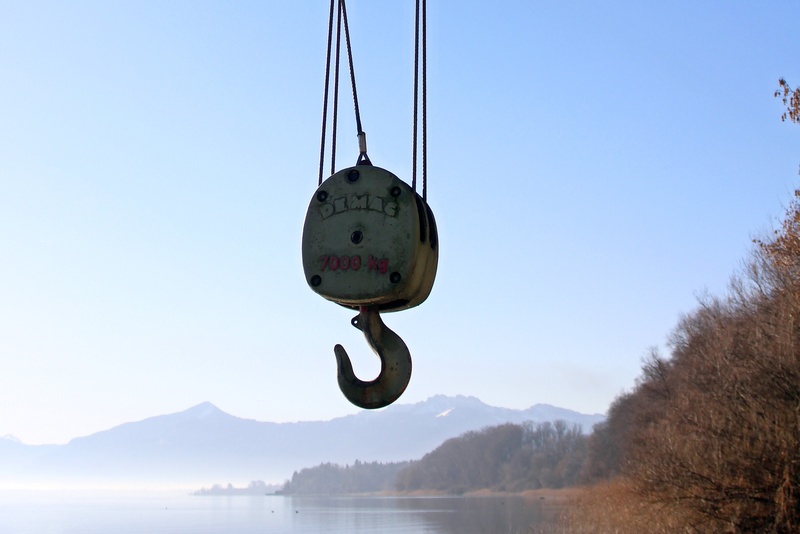 load hook, close, hanging, cargo transport, mountain, clear sky, nature, gray, day, no people, transportation, water, raise, sky, load lifter, hook, non-urban scene