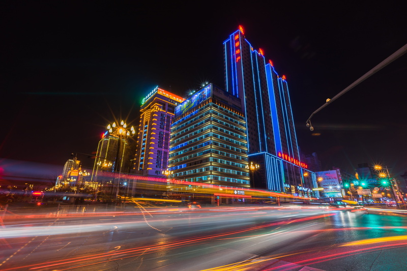 building, night, illuminated, skyscraper, building exterior, transportation, built structure, city street, no people, long exposure, road, Yellow River