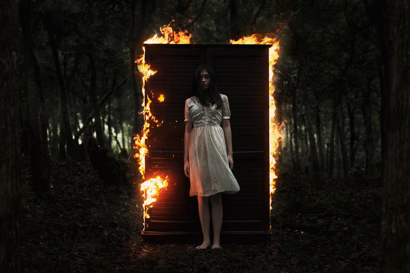 heat - temperature, young women, 1080P, women, dark, full length, white dress, model, trees, burning, brunette, young adult, fire - natural phenomenon