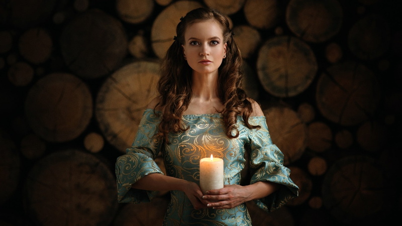 women, candles, long hair, flame, candle, one person, beauty, young adult, blue dress, brunette, portrait, standing, fashion, wood, dark, model, burning