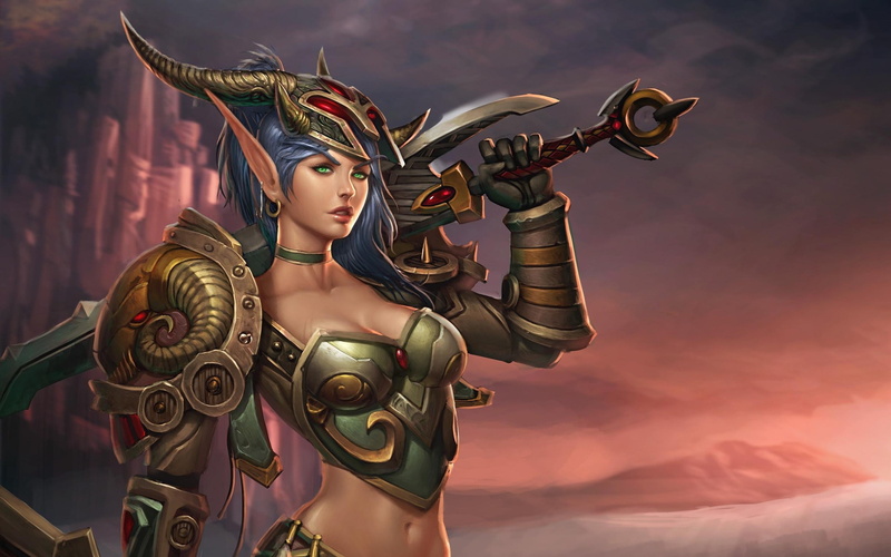 swords, ears, nature, male likeness, elves, human representation, blue, gold colored, games, earings, Soft, eyes, fantasy, sky, place of worship, belief