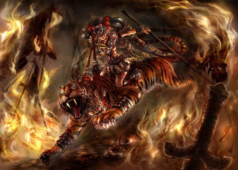 day, motion, predator, fire - Natural Phenomenon, tiger, 1080P, animal, water, animal wildlife, orange Color, high angle view, bonfire, sea, hell, illustration