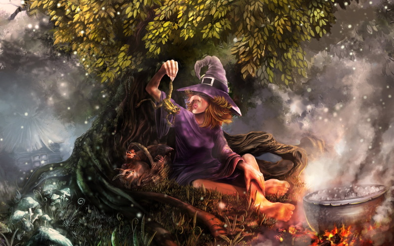 magic, boiler, 1080P, fantasy art, night, lights, ritual, cauldron, rabbits, witch, haze, fire, house, toad