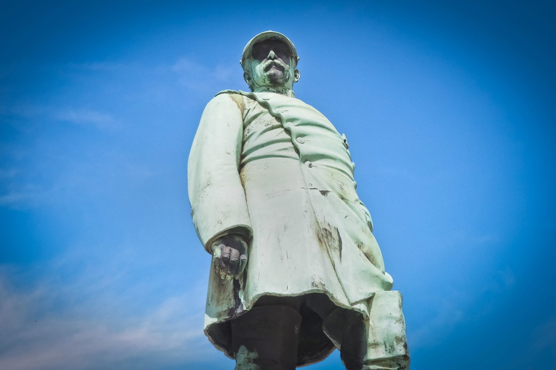 no people, blue, art and craft, figure, chancellor, historically, monument, day, architecture, clear sky, belief, low angle view, statue, sky, memory, male likeness