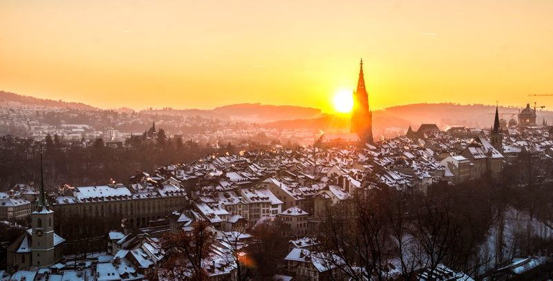 view, chimney, scenics - nature, europe, bern, golden, switzerland, outdoors, building exterior, downtown, bridge, bundeshaus, high angle view, winter