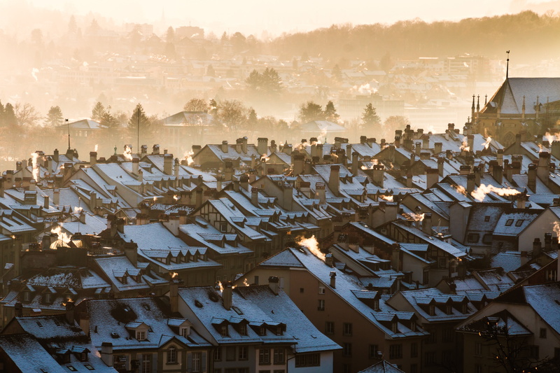 bridge, crowd, house, building, light, switzerland, wintry, crowded, sky, area, fog, flock of birds, city, bern, chimney, residential building, high angle view