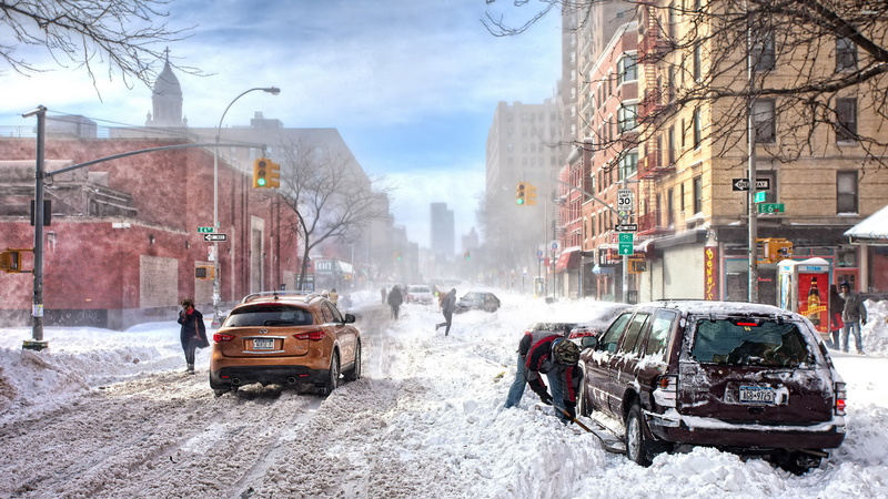building, road, wheeled vehicle, bare tree, extreme weather, vehicle, 4K, day, incidental people, city, nature, sky, land vehicle, architecture, snow