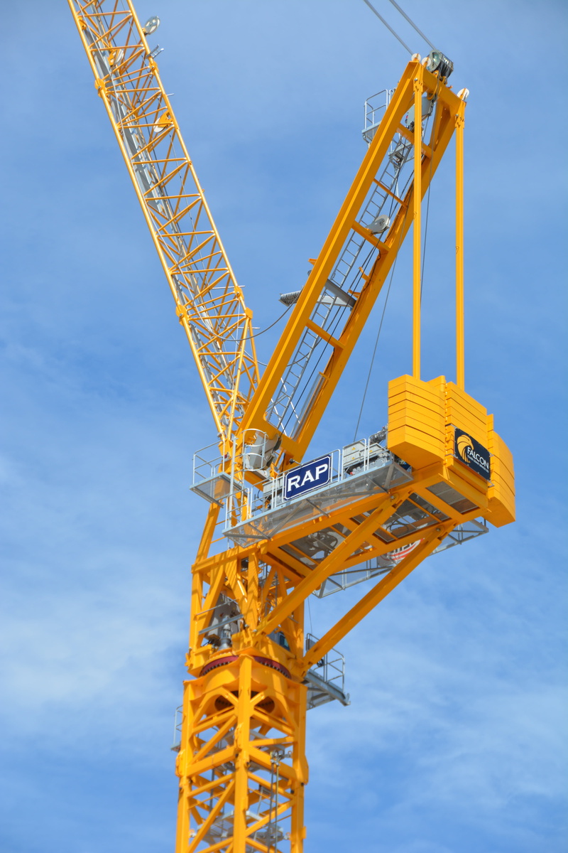 no people, blue, incomplete, load, metal, hoist, tall - high, picking Up, crane - Construction Machinery, building, development, construction Site, yellow