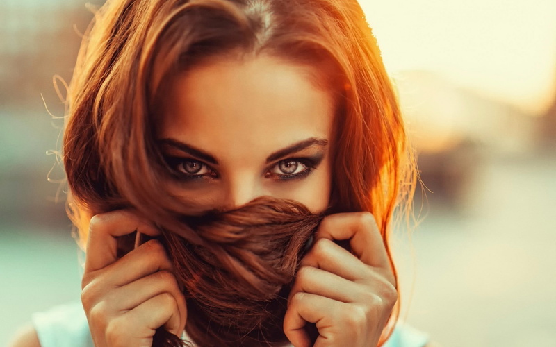 1080P, orange hair brunette eyes russian women women sunlight alla berger georgiy chernyadyev model redhead face blue eyes hair in face eyeliner hands