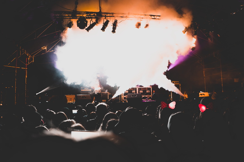 large group of people, stage, excitement, 5K, crowd, nightlife, enjoyment, party, concert, drink, light, popular music concert, smoke macine, fun, audience