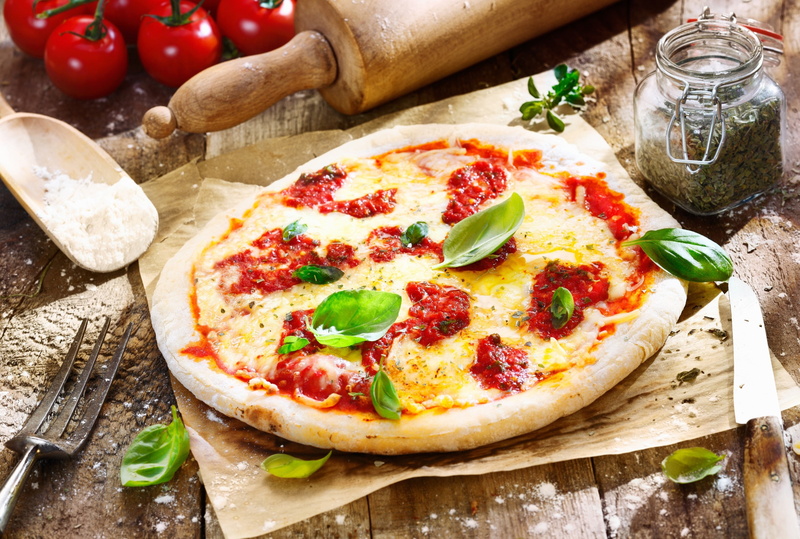 pizza 4k screen, dairy product, fruit, wood - material, cutting board, no people, italian food, basil, herb, pizza, food and drink, pizzeria, meal, indoors