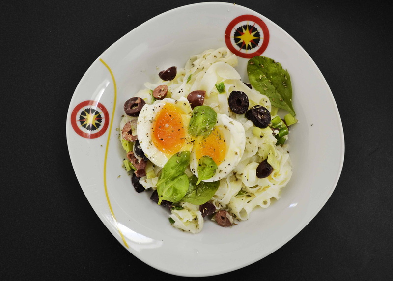 black background, table, healthy eating, soft boiled egg, vegetable, directly above, vegetarian, wellbeing, still life, leaves, fried egg, nutritious, plate