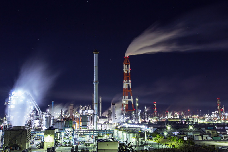 Night View, built structure, illuminated, views, environmental issues, oil refinery, 4K, smoke stack, air pollution, no people, industrial, architecture