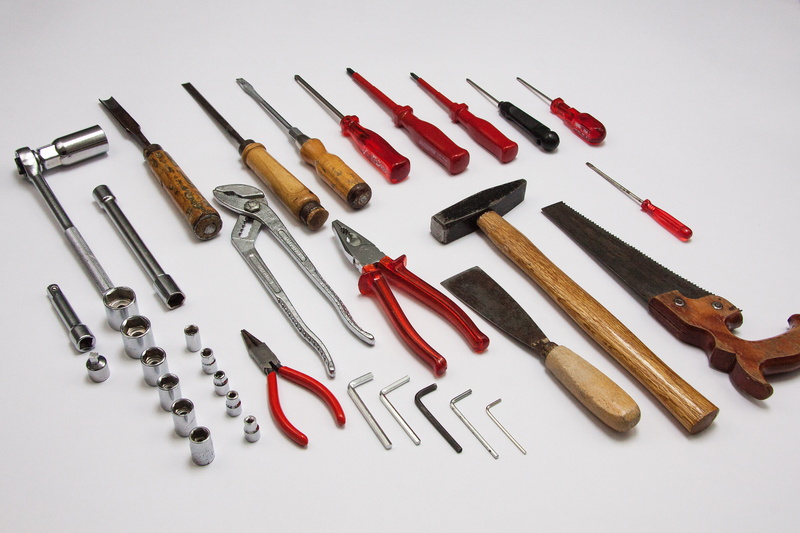 studio shot, color, high angle view, gray, no people, craft, still life, metal, close-up, spatula, screwdriver, in a row, allen key, large group of objects