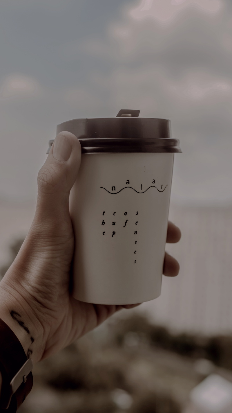 water bottle, hand, outdoors, coffee cup, steel, lcup, body part, coffee, finger, disposabe, sky, human limb, thistle, shaker, person, cylinder, real people