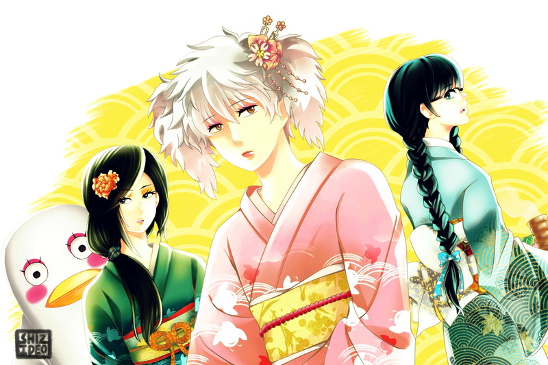 Gintama, Katsura Kotarou, Гинтоки You Want, glasses, hairstyles, parody, braids, Elizabeth, Shimura Shinpachi, 1080P, kimono, geisha, dressing up, Sakata