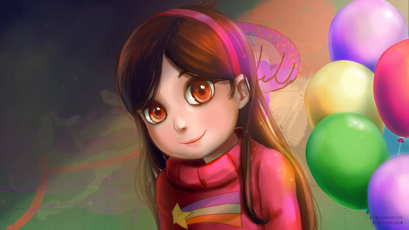 animated shows, artist, women, casual clothing, portrait, deviantart, multi colored, leisure activity, mabel, looking at camera, tv shows, hairstyle, balloon