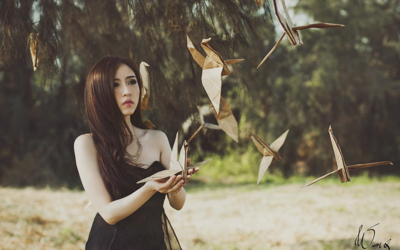 origami, lovely, birds, asian, girl, mood, 720P