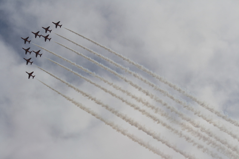 arrows, aerobatics, red arrows, teamwork, airshow, smoke - physical structure, aeroplanes, bournemouth, plane, mode of transportation, order, nature, vapor trail