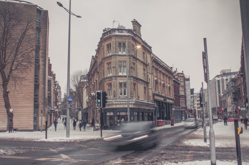 architecture, sky, travel destinations, motion, cityscape, snow, no people, landscape, blurred motion, outdoors, street, 4K, city street, road, street light