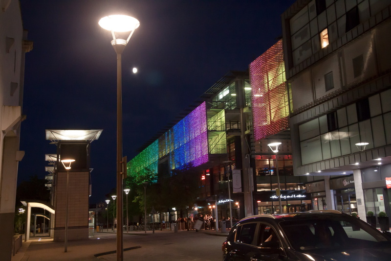 building, night, rainbow colors, electric lamp, office building exterior, lighting, lighting equipment, bristol, land vehicle, architecture, street light
