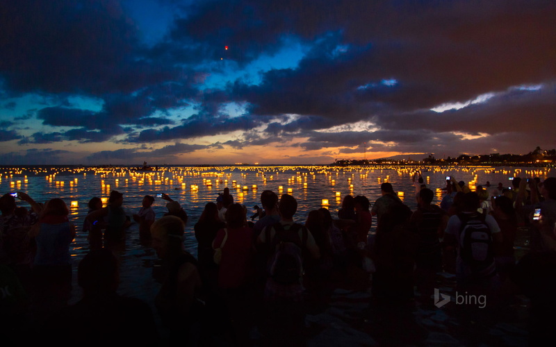 Hawaii, Oahu, 1080P, night, people, Ala Moana Beach Park, lanterns