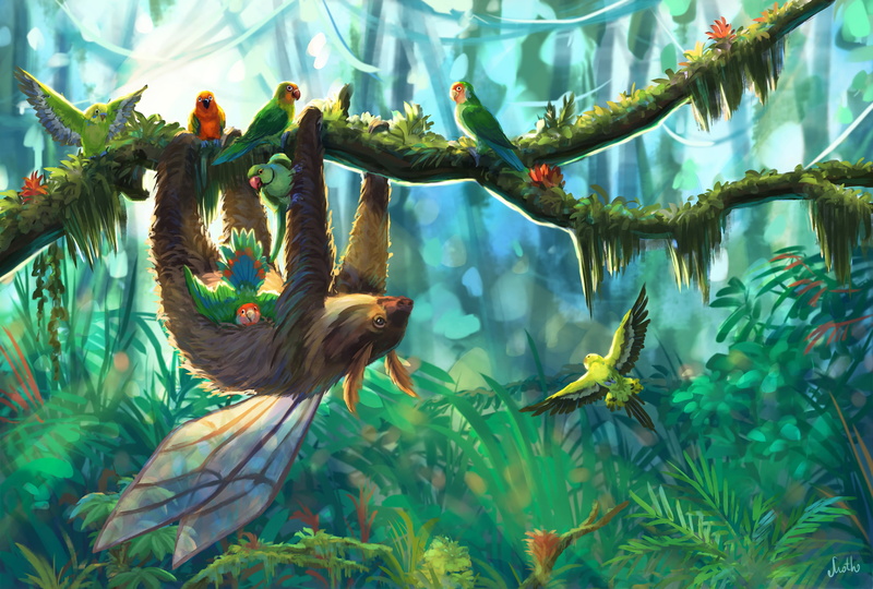 Sloth, Animal, 2K, Fantasy Animals, Branch, Jungle, Bird, Parrot