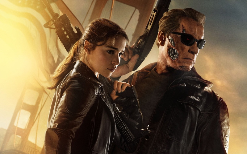 togetherness, waist up, leather, women, young women, glasses, Arnold Schwarzenegger, leather jacket, 1080P, Emilia Clarke, fashion, clothing, scarf, jacket