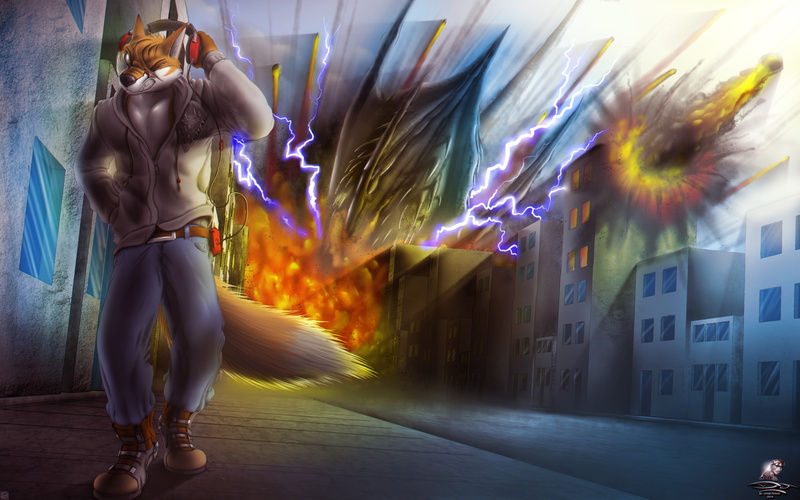 long exposure, street, full length, architecture, lightning, outdoors, explosion, Fantasy, wolfman, city, adult, leisure activity, built structure, headphones