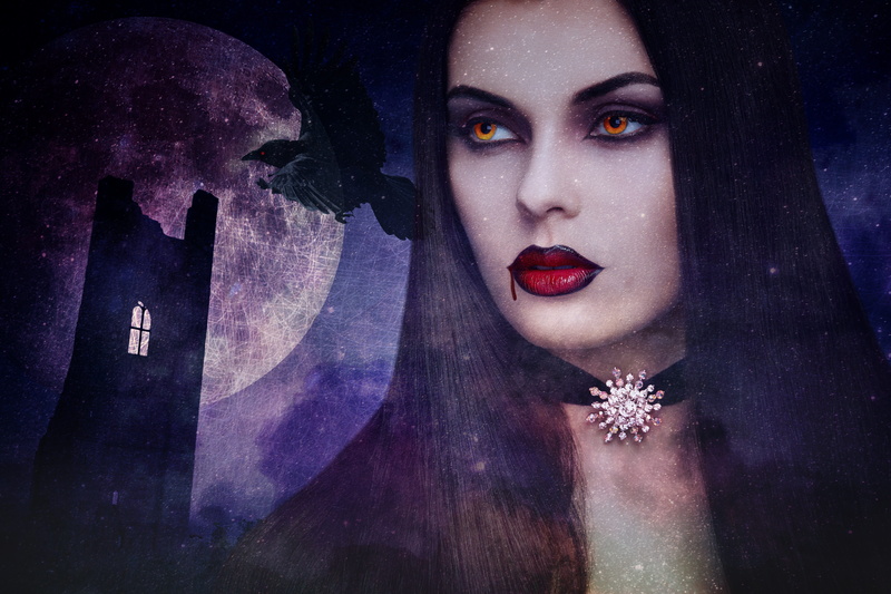 women, indoors, moon, blood, 5K, creepy, halloween, portrait, gothic, woman, raven, front view, headshot, vampire, beautiful woman, young women, contemplation
