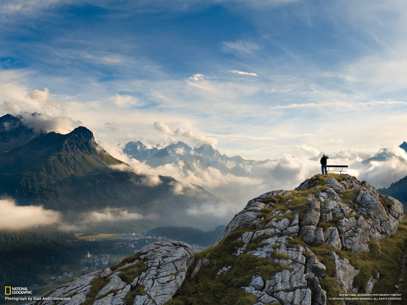 mountains, Italy, sky, bench, National Geographic, clouds, Alps, landscape, 2010 (Year), 720P, nature