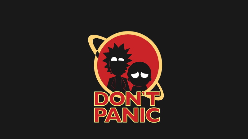 red, communication, neon, rick and morty dont panic, illuminated, studio shot, black background, yellow, text, no people, nightlife, information sign, sign