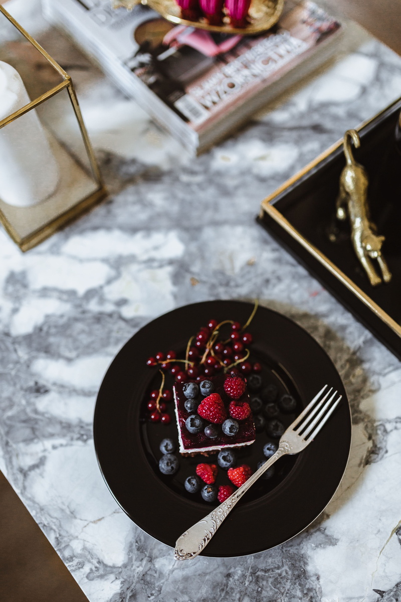 no people, cake, fruit, high angle view, raspberries, sweet food, blueberries, berry fruit, homemade, temptation, food, pie, indoors, cheesecake, table