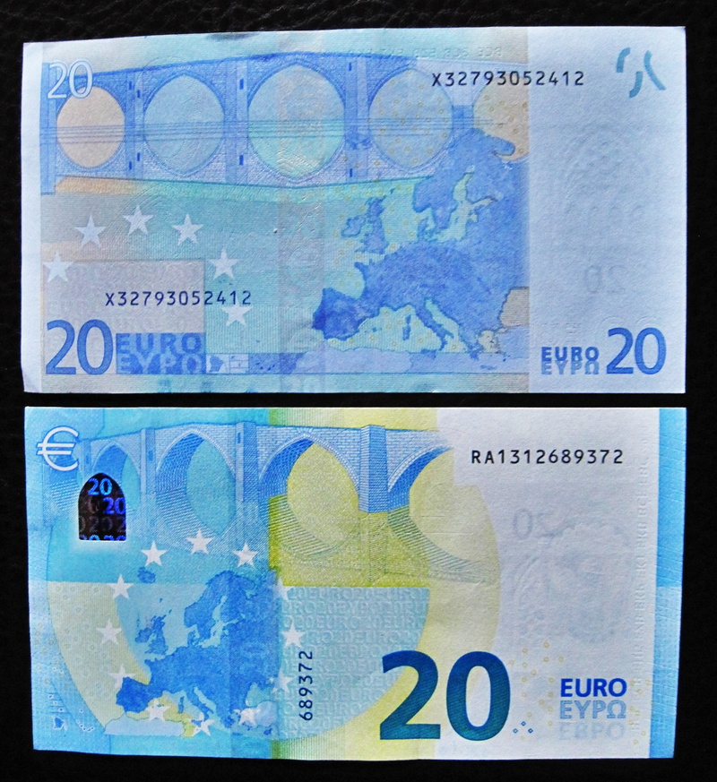 studio shot, blue, paper, business, 20, number, paper currency, 20 euro, money, text, 2K, new and old, global communications, western script, bill, twenty
