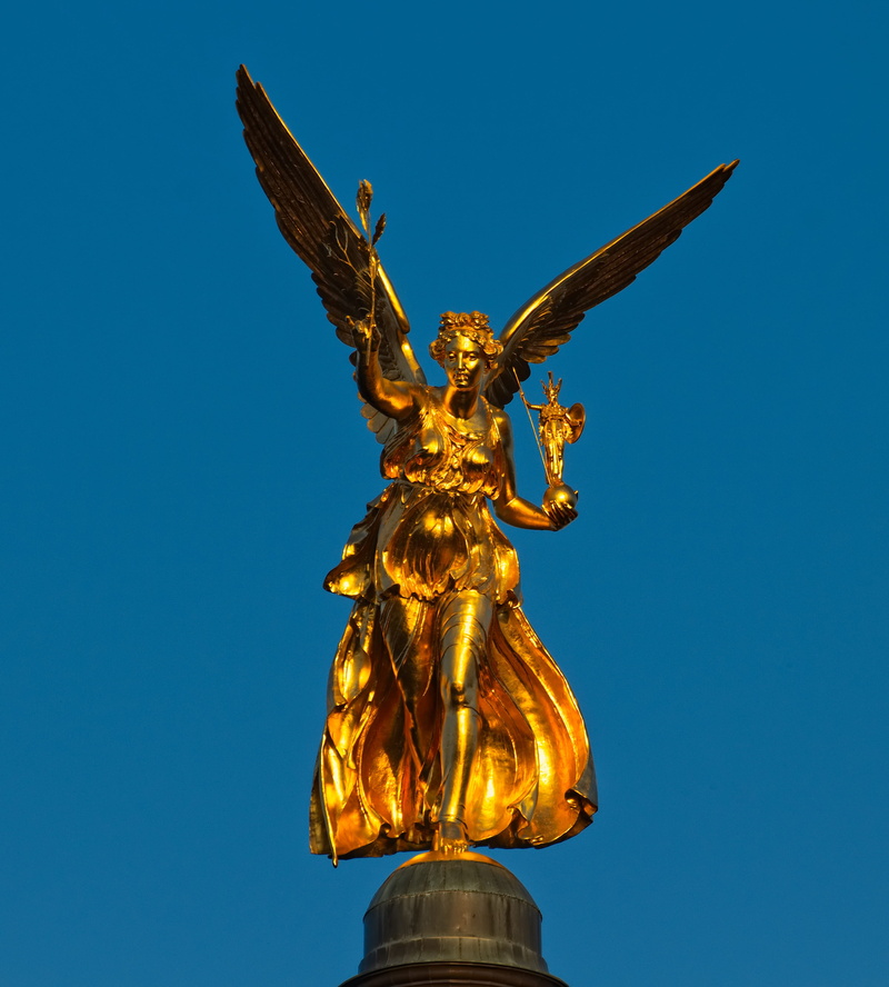 low angle view, sky, female likeness, the past, travel destinations, blue, gold, religion, mystical, nature, angel, sculpture, munich, representation, architecture